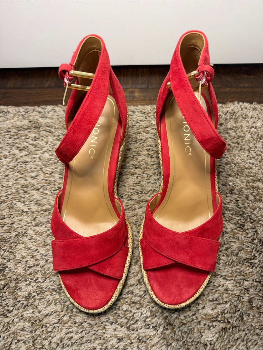 Vionic Red Suede Espadrille Wedge Sandals with Ankle Strap